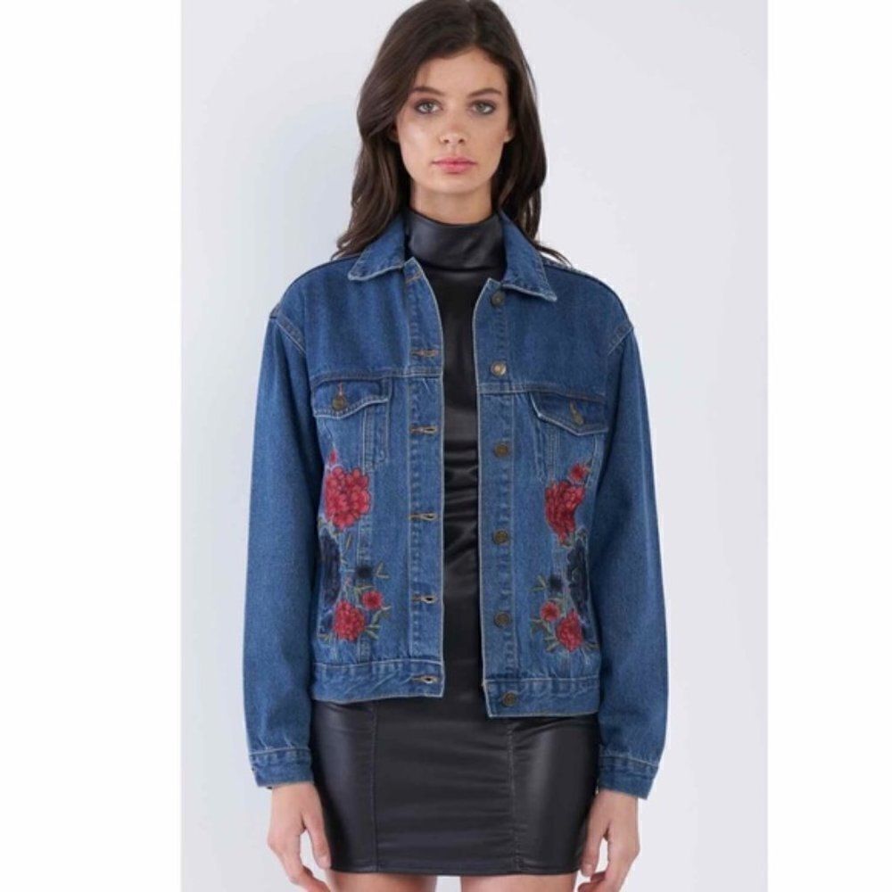 Roses Embroidered Denim Jacket Pockets S/M & M/L NWT